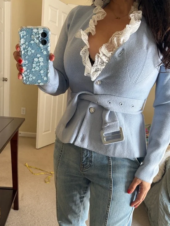 COMMENSE CASHMERE CARDIGAN KNIT LACE SWEATER BELT BLING RHINESTONE BUTTON S - Picture 4 of 11